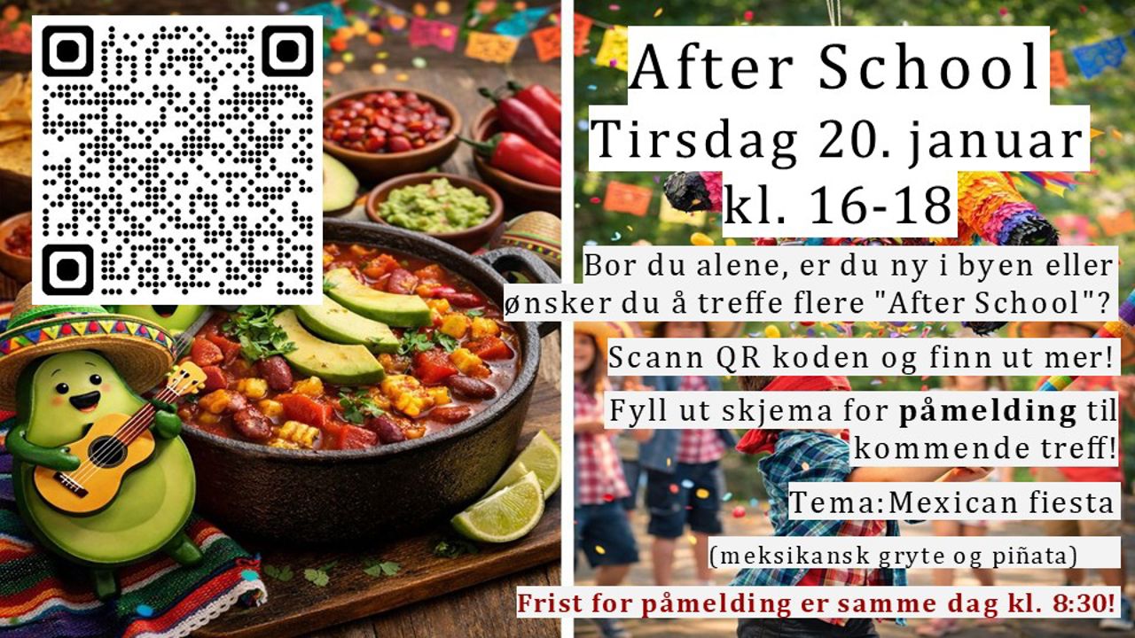 Bilete av plakat til After School. Har ulike tema og arrangerast kvar uke. 