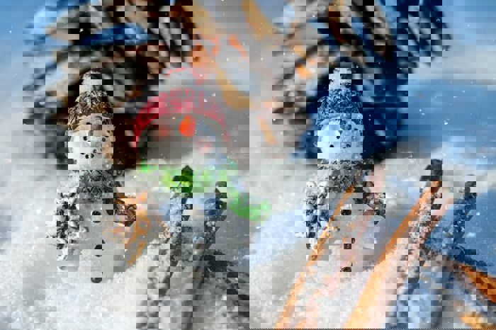 Bilete av snømann i snøsol.