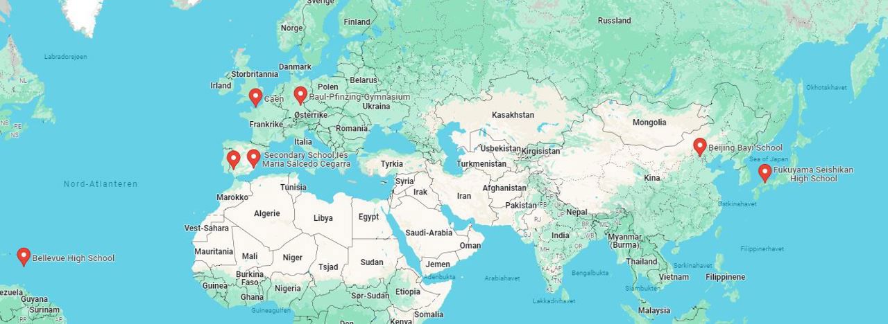 Bildet viser kart over våre samarbeidspartnere i utlandet. Skolen har samarbeidspartnerne i blant annet Spania, Frankrike, Tyskland, Østerrike, Japan og Kina